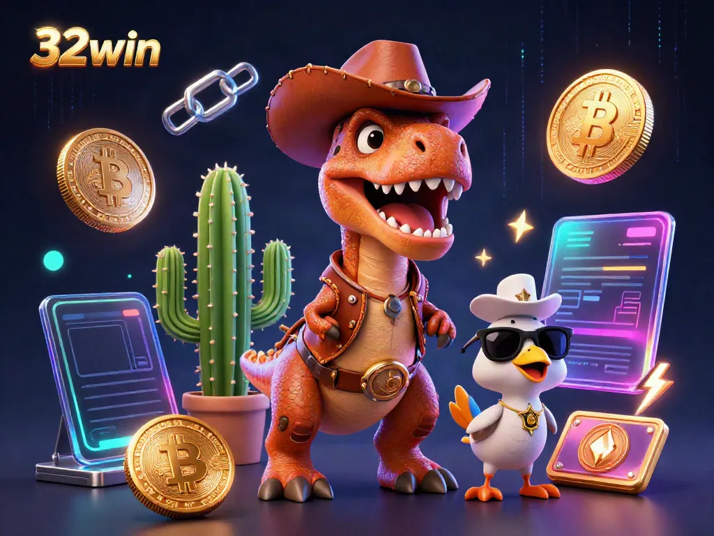 Engaging 32win scene with a T-Rex cowboy, cactus sidekick, and roadrunner celebrating crypto gains.