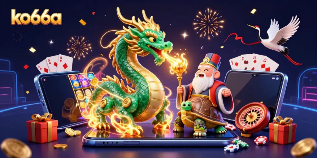 ko66a brings luck and excitement with a 3D dragon, turtle sage, and cranes in a vibrant casino scene.