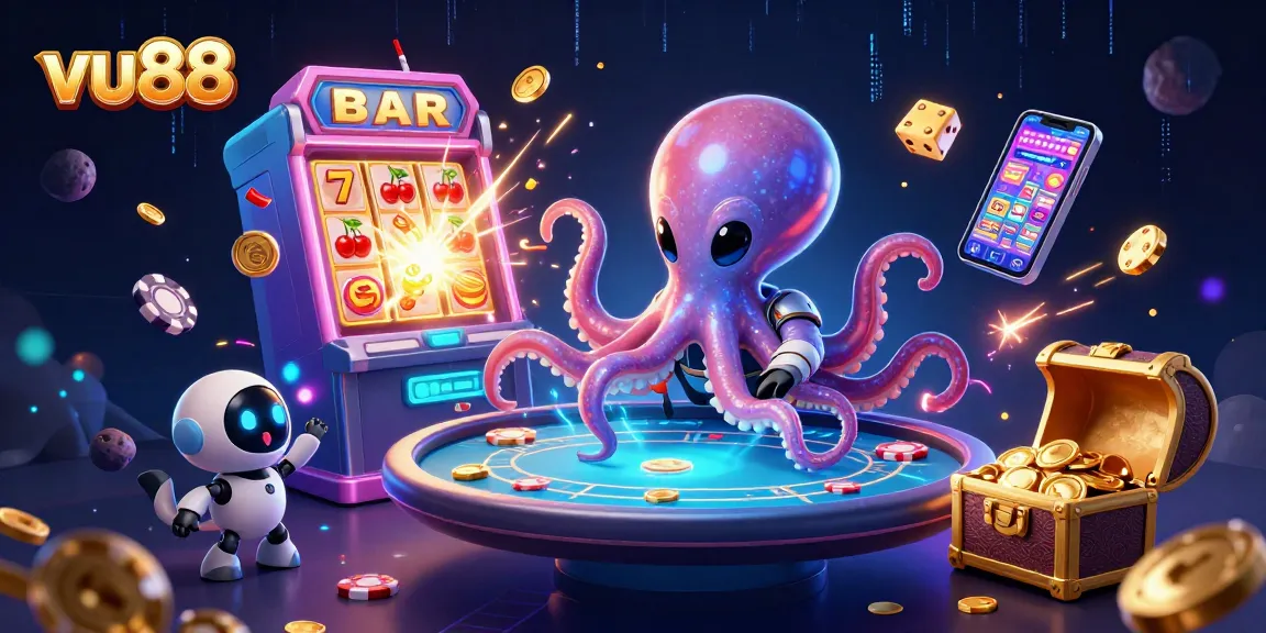 vu88 engaging with a 3D cartoon alien octopus at a holographic poker table amidst casino-themed elements.
