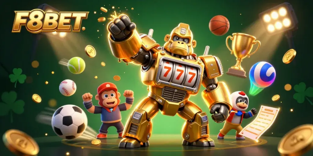 Spin and win at F8BET with an epic 3D illustration showcasing a golden gorilla mech and dynamic sports elements.