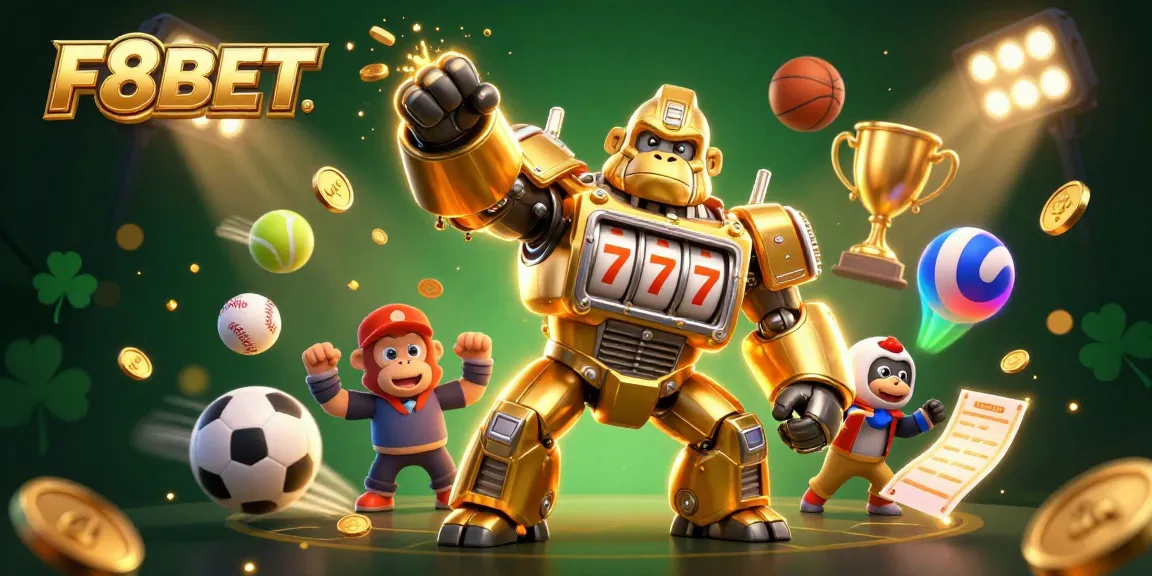 Spin and win at F8BET with an epic 3D illustration showcasing a golden gorilla mech and dynamic sports elements.
