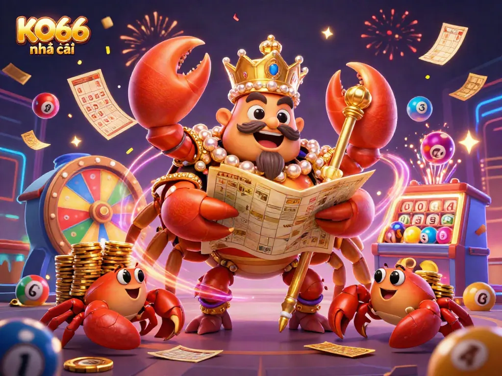 Experience the excitement of KO66 nhà cái with a dynamic gambling-themed illustration featuring a golden crab emperor and lively gaming elements.