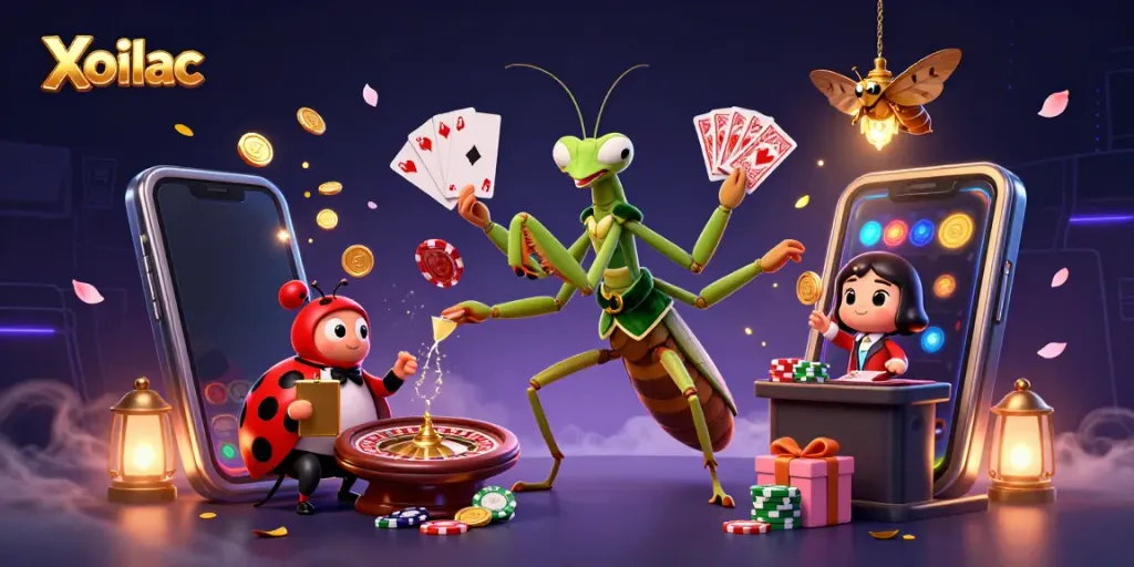 Xoilac showcases a vibrant scene with a mantis dealing cards and a ladybug overseeing the casino atmosphere.