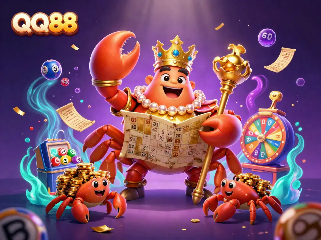Engage with QQ88's vibrant 3D scene showcasing a golden crab emperor amidst a flurry of colorful lottery elements, perfect for betting excitement.