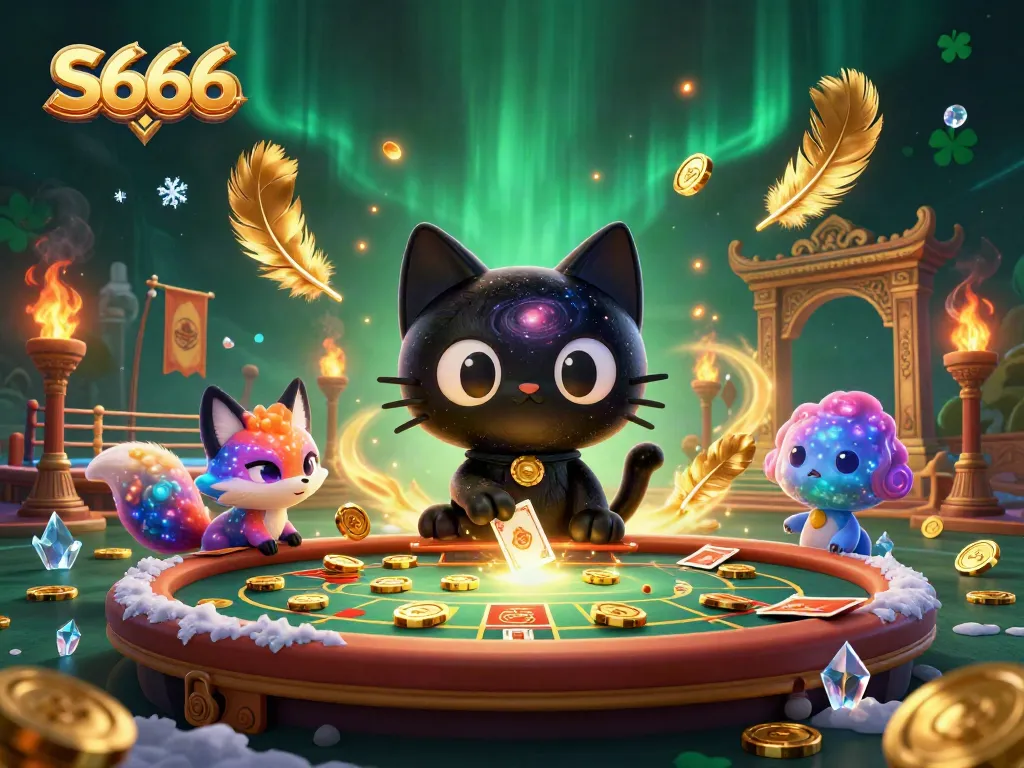 S666 casino featuring a cosmic scene with a black hole cat and nebula fox, engaging in dynamic gaming.