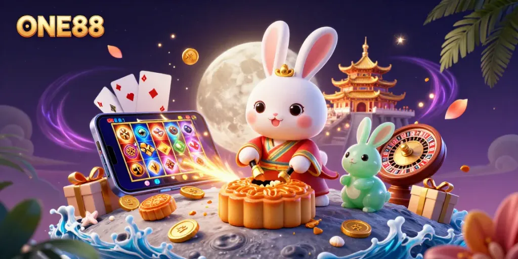 Experience the excitement of ONE88 with the moon rabbit pounding mooncakes revealing poker chips amidst a vibrant casino theme.