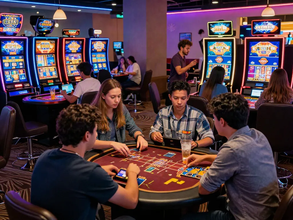 Players enjoying vibrant gaming experience at credit card casinos with neon lights and lively atmosphere.