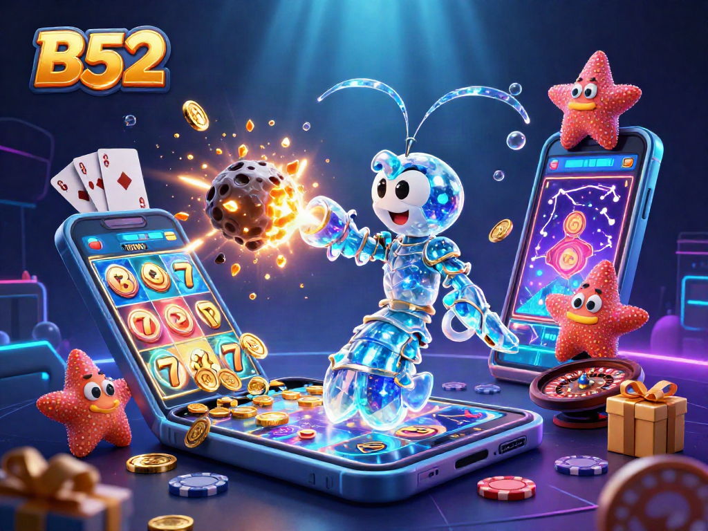 B52 captivates gamblers with a thrilling slot game explosion surrounded by vibrant characters and casino elements.
