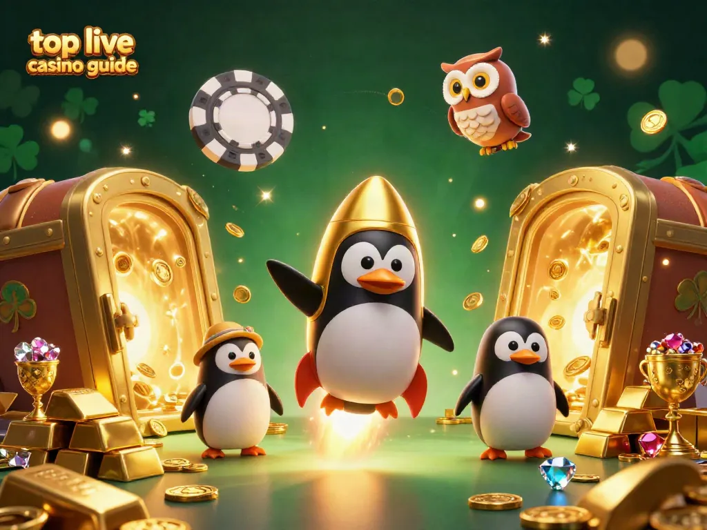 Exciting top live casino guide with a golden penguin and dazzling casino elements