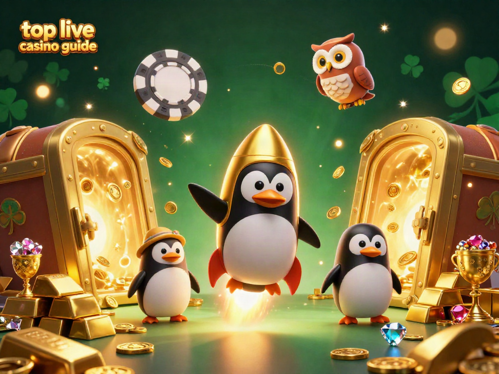 Exciting top live casino guide with a golden penguin and dazzling casino elements