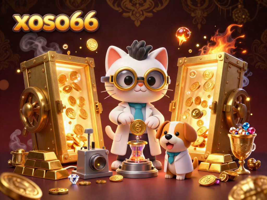 Engage with xoso66 as a mad scientist cat creates a gold-coin machine amidst riches.