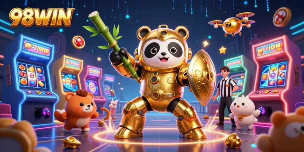 Experience the thrill of 98WIN with casino-themed 3D robots and arcade games in an electrifying scene.