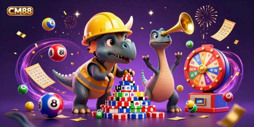 Experience excitement at CM88 with vibrant 3D characters and dynamic casino elements in a rich environment.