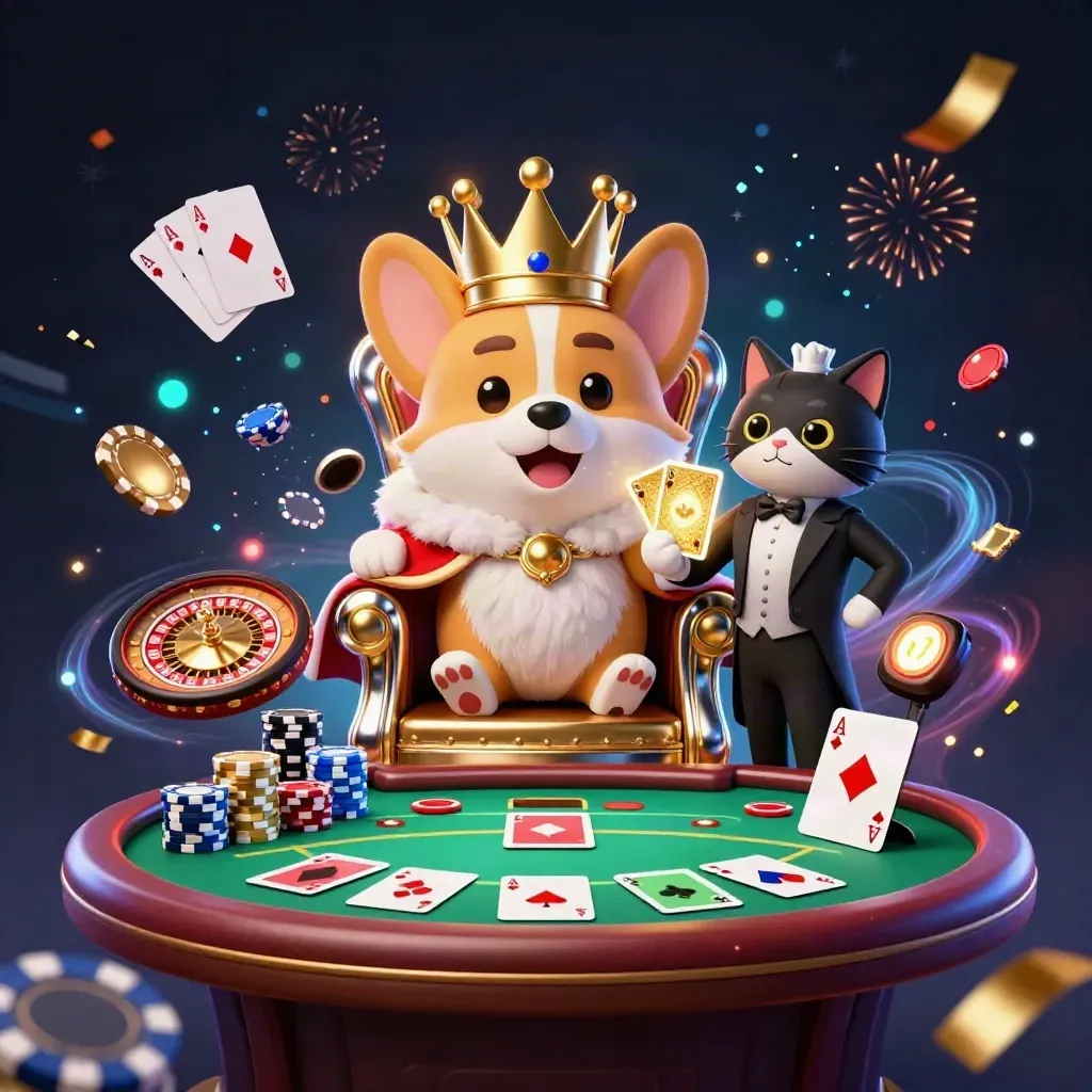 Royal corgi and cat butler amid chips, cards, roulette, sparks, and neon casino light.