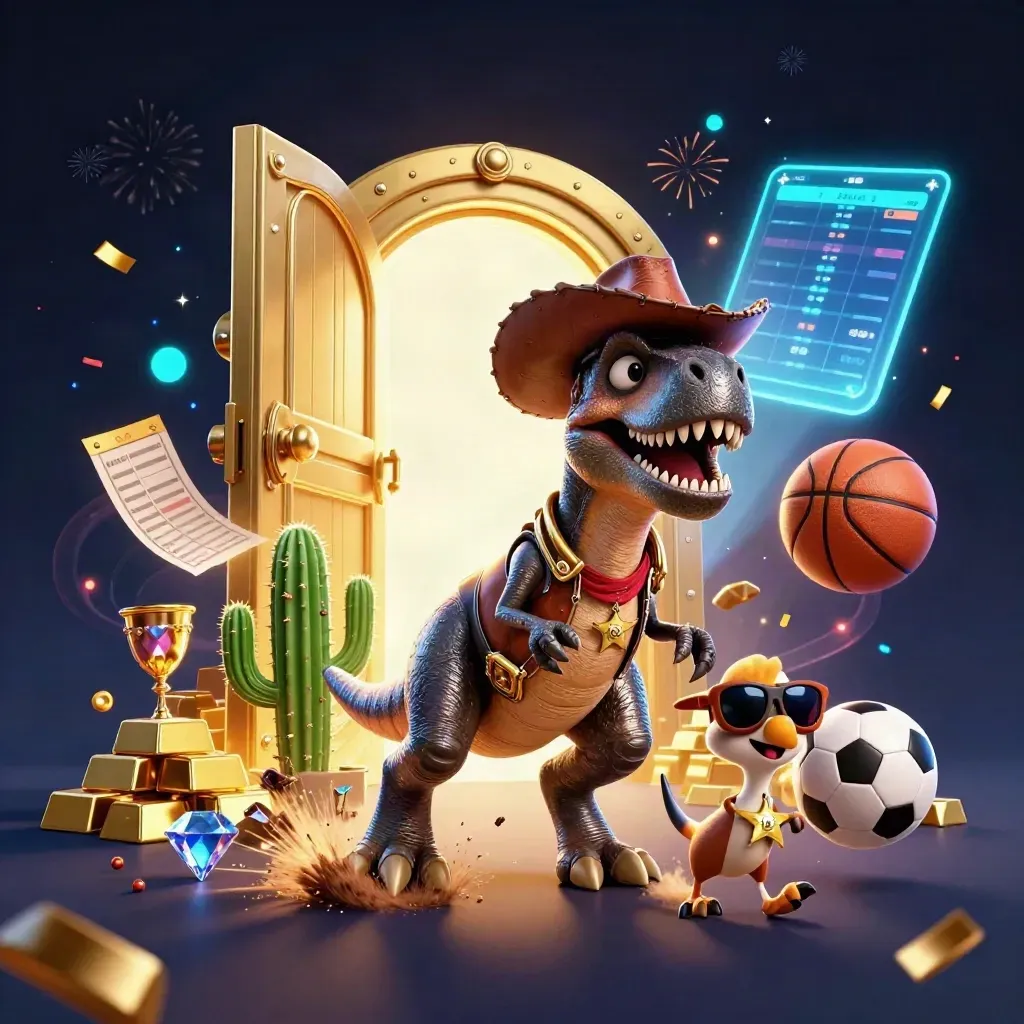 Cowboy T-Rex, cactus and roadrunner burst with gold, balls, sparks and vault light