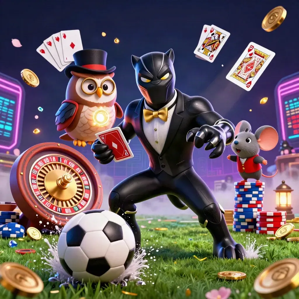 Panther, owl and mouse amid chips, coins and a soccer ball under neon casino lights.