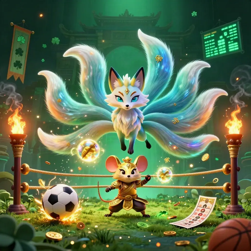 Fox spirit and armored mouse amid casino sports chaos, balls, coins, flames, temple gate, neon haze
