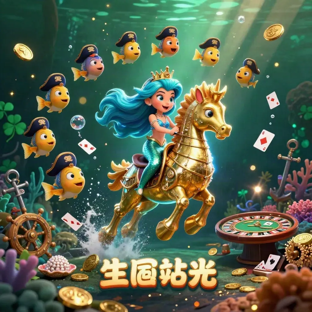 Mermaid princess rides armored seahorse in a glowing treasure cove with cards, fish, and casino relics.