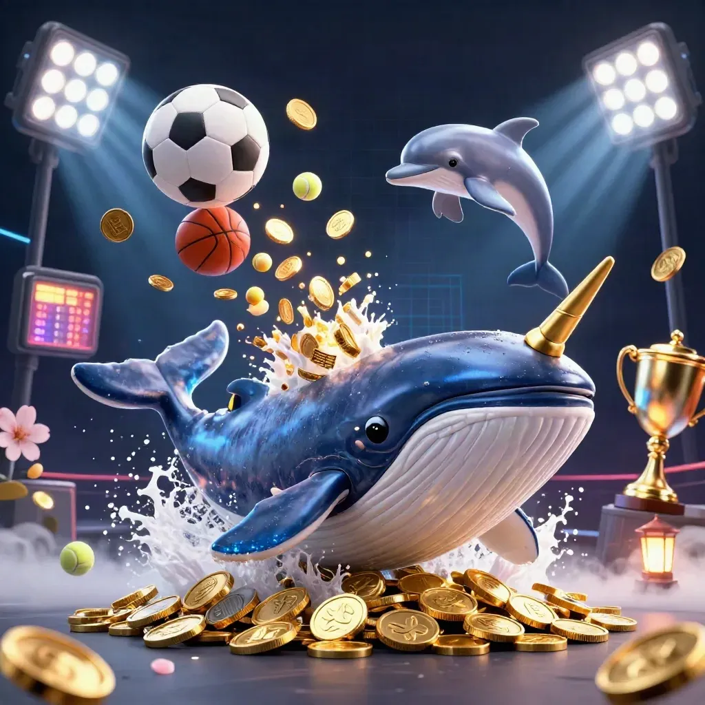 Whale captain, narwhal, dolphins, coins, sports balls, trophy, neon casino scene