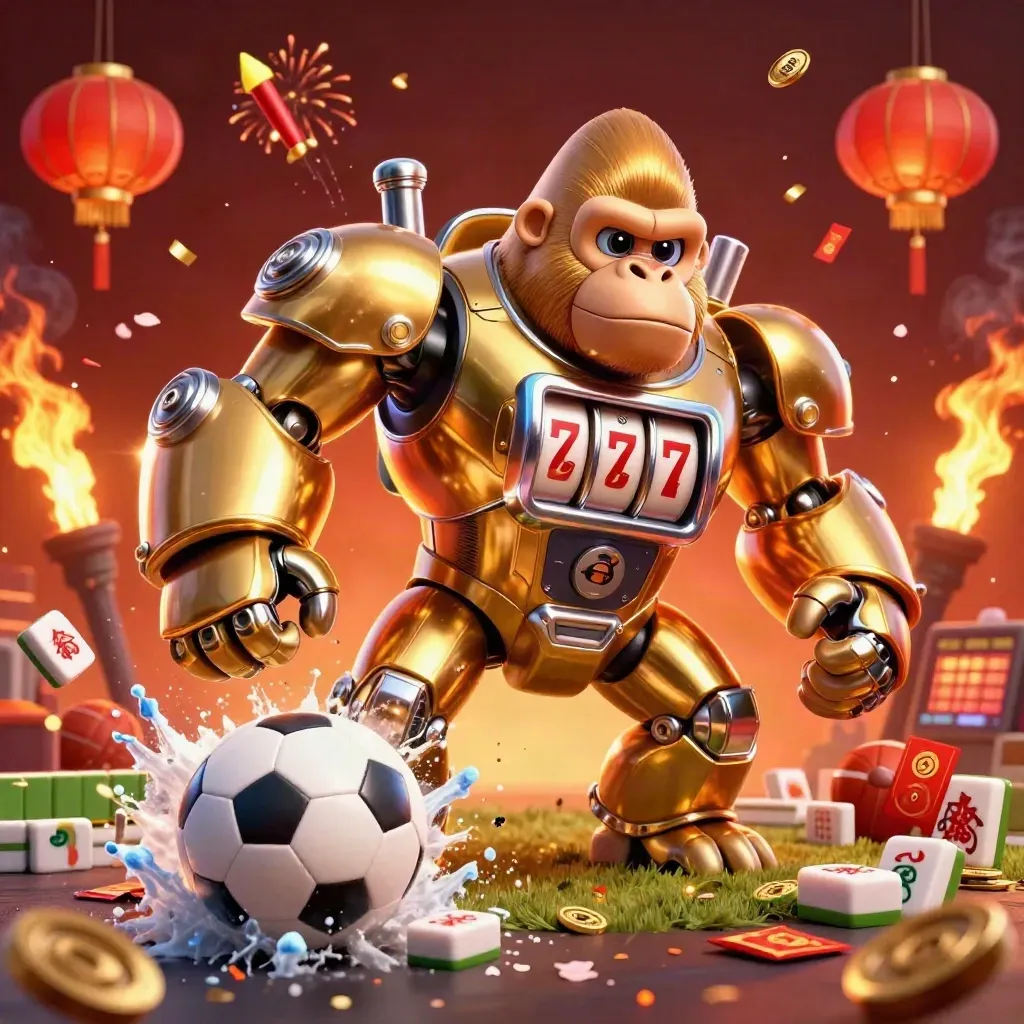 Golden gorilla mech with monkey pilot, sports balls, lanterns, coins, ember glow
