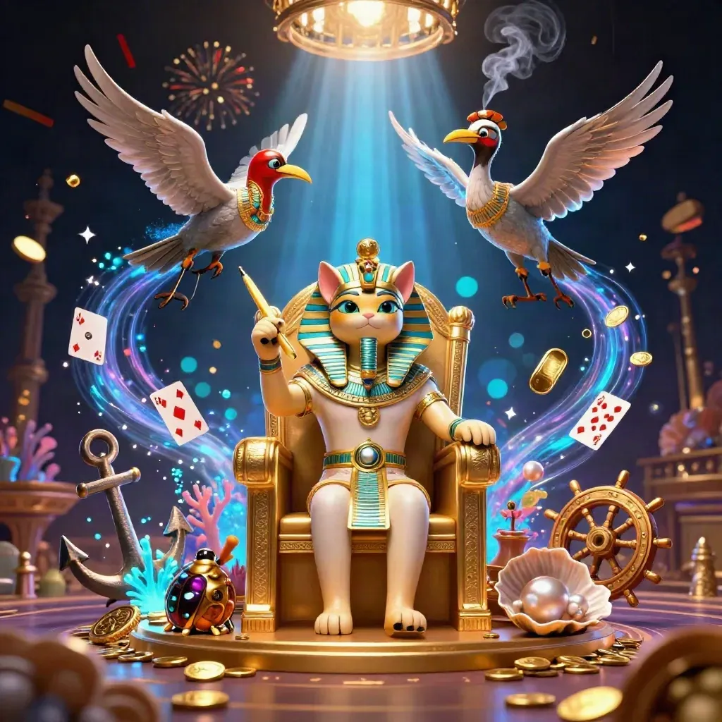 Pharaoh cat, ibis scribe, and gem-winged scarabs in a jeweled casino treasure cove.