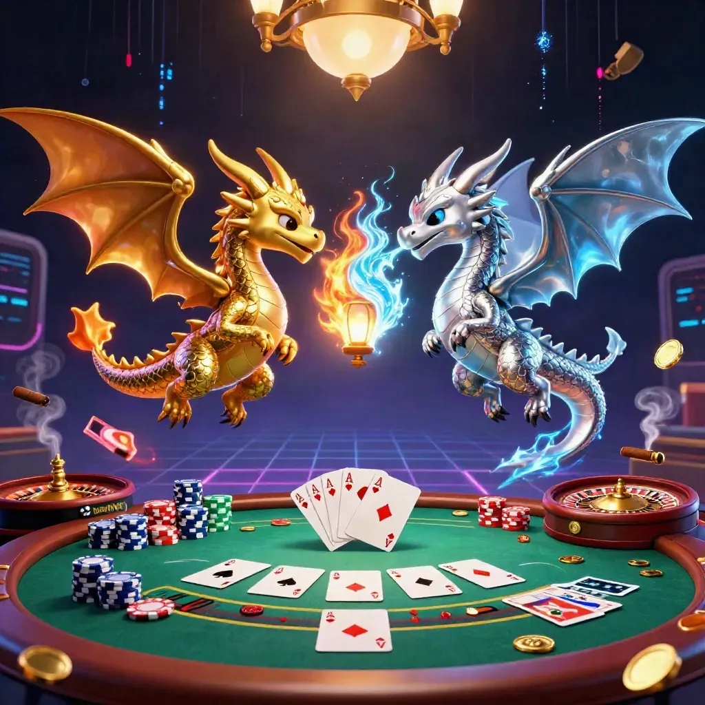 Twin gold and silver dragons swirl above a glowing casino table in a neon chrome-lit storm.