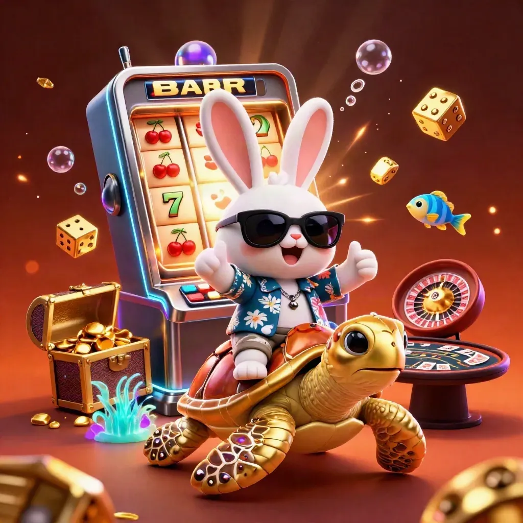 Lucky rabbit rides a golden sea turtle amid slot burst, dice, gold, roulette and neon glow.