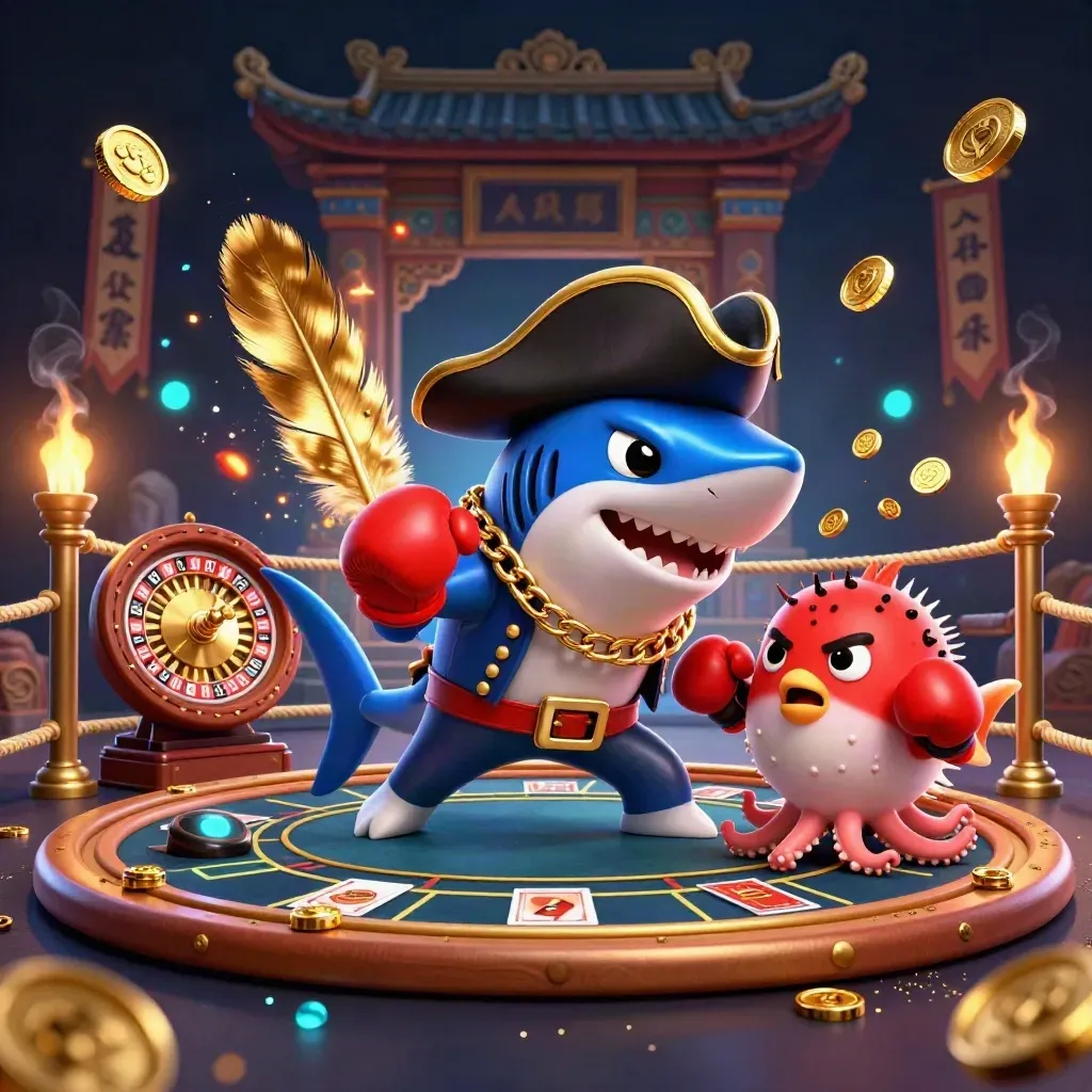 Pirate shark, boxing pufferfish, and juggling octopus in a neon casino ring