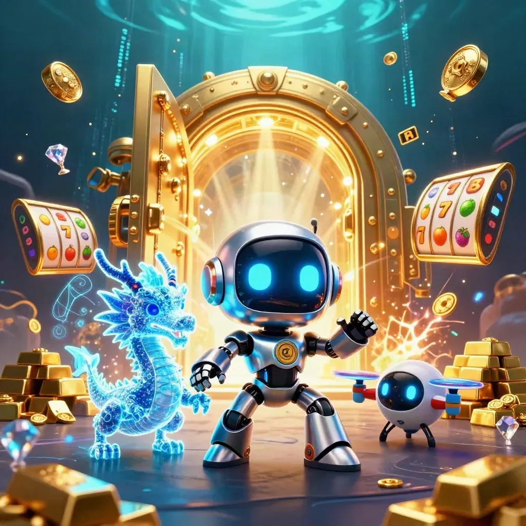 Cyberpunk robot, holographic dragon, and coin drone burst from a glowing gold vault in blue ocean light