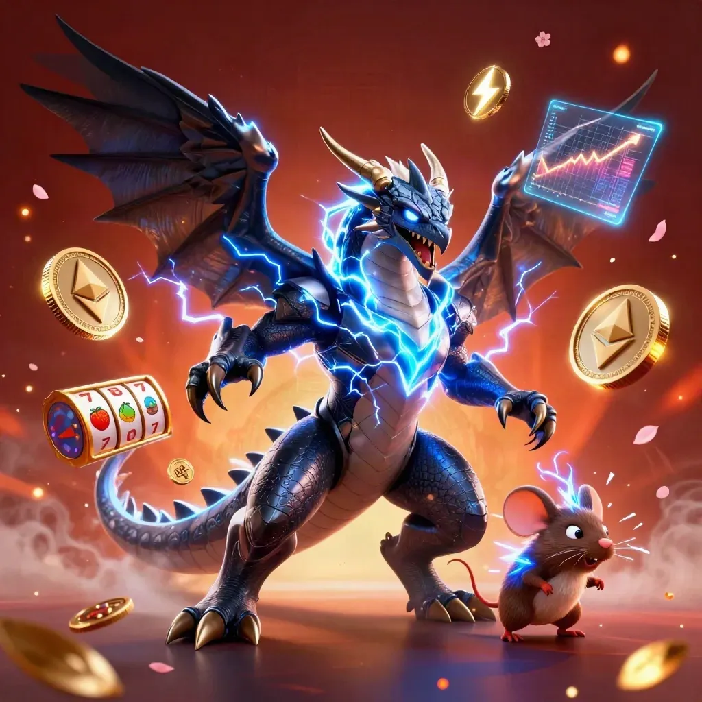 Thunder dragon, wind hawk, and static mouse amid neon coins, lightning, and casino magic.