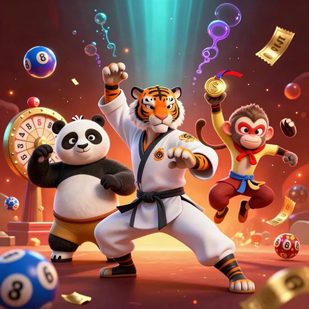Tiger, panda, and monkey heroes amid lottery balls, prize wheel, and glowing casino effects.