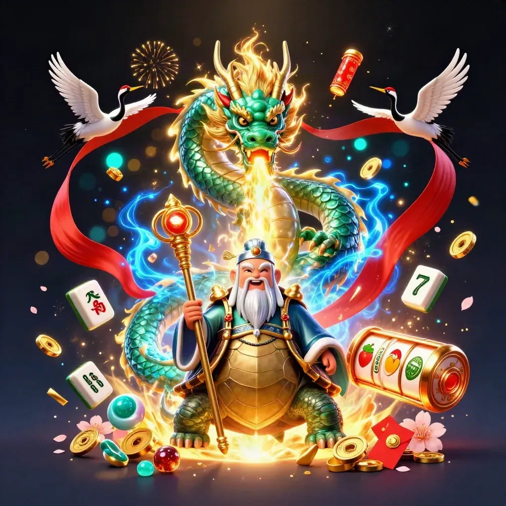 Emerald dragon, turtle sage, and cranes burst amid casino treasure in electric blue and gold.