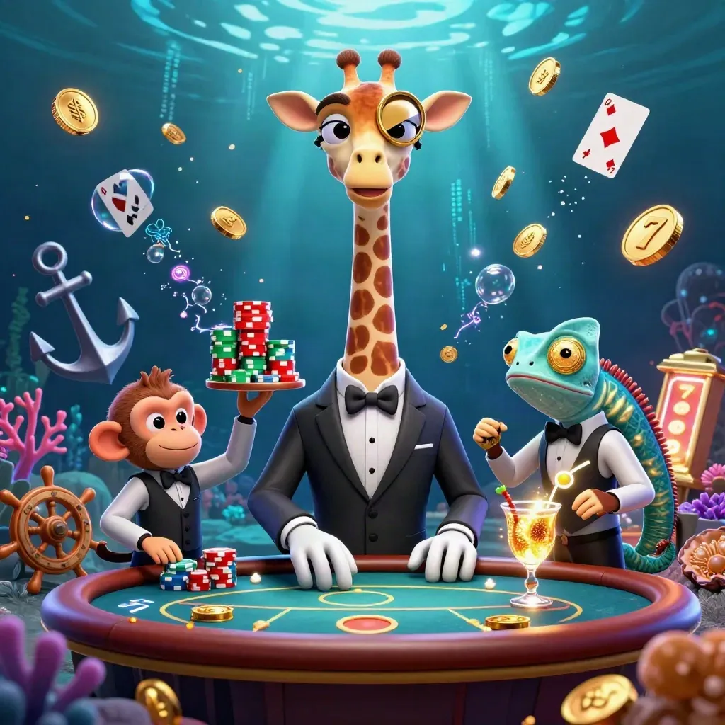 High-roller giraffe, monkey valet, and chameleon bartender in a glowing underwater casino treasure cove.