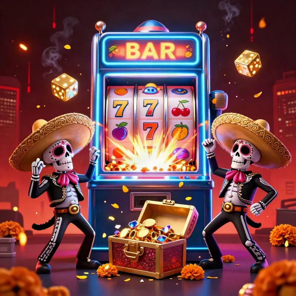 Three skeleton mariachi performers amid exploding slot-machine jackpots and gold on a dark neon skyline.