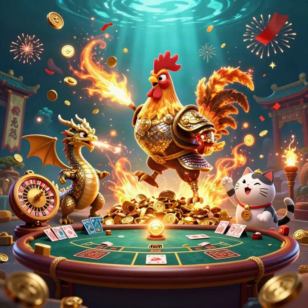Rooster warrior, dragon hatchling, and fortune-cat amid bursting coins, roulette, cards, and fireworks.