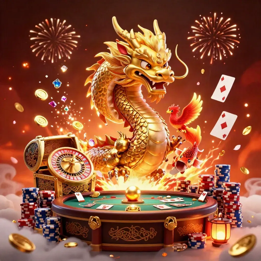 Golden dragon, phoenix and koi amid exploding coins, roulette, cards and glowing casino lights.