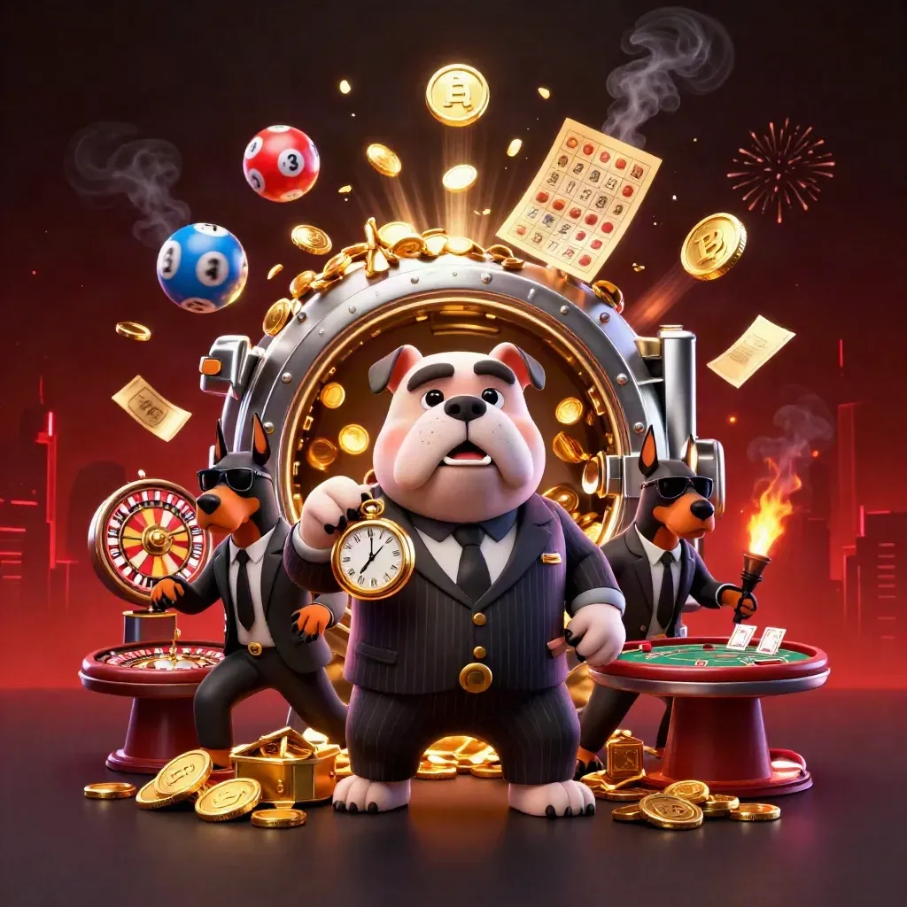 Bulldog boss and Doberman guards amid exploding coins, wheels, cards, and fireworks in chrome casino glow
