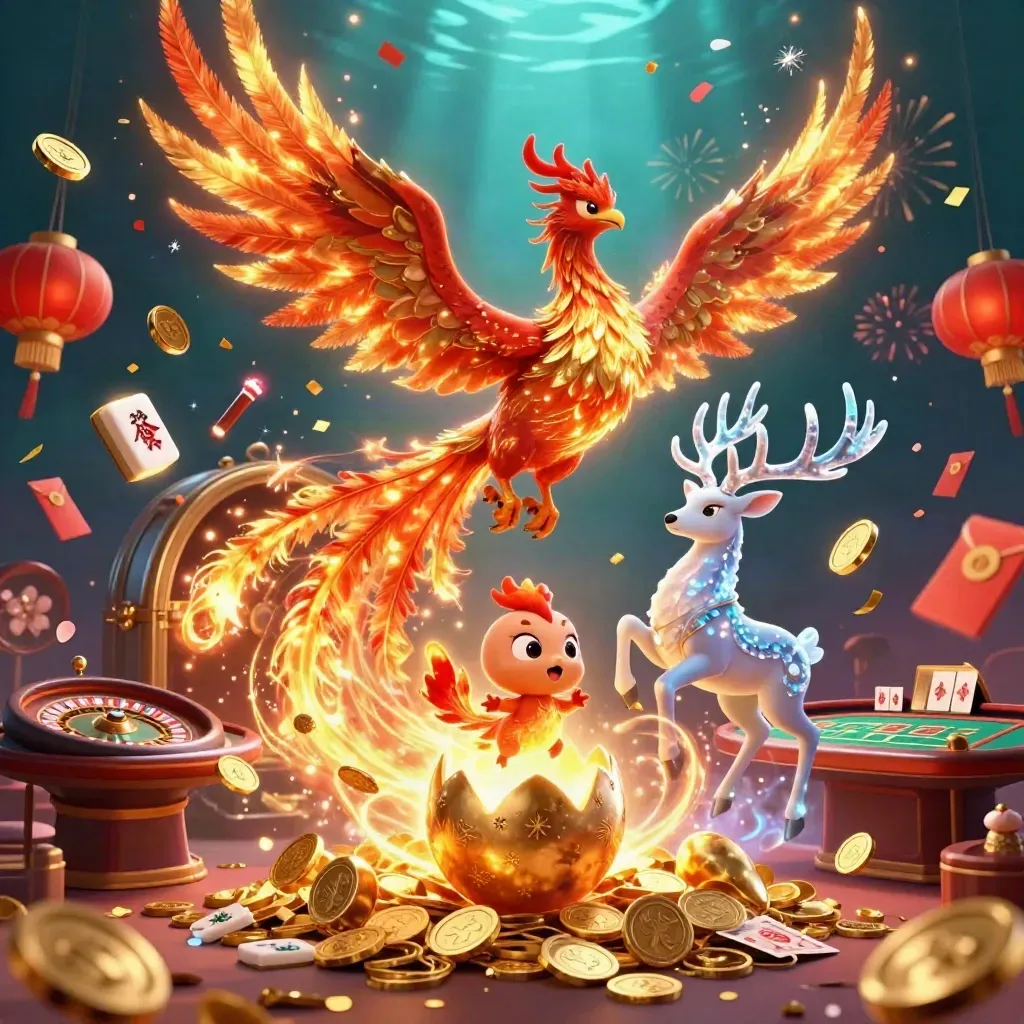 Phoenix, stag, and baby phoenix amid bursting coins, fireworks, and casino symbols