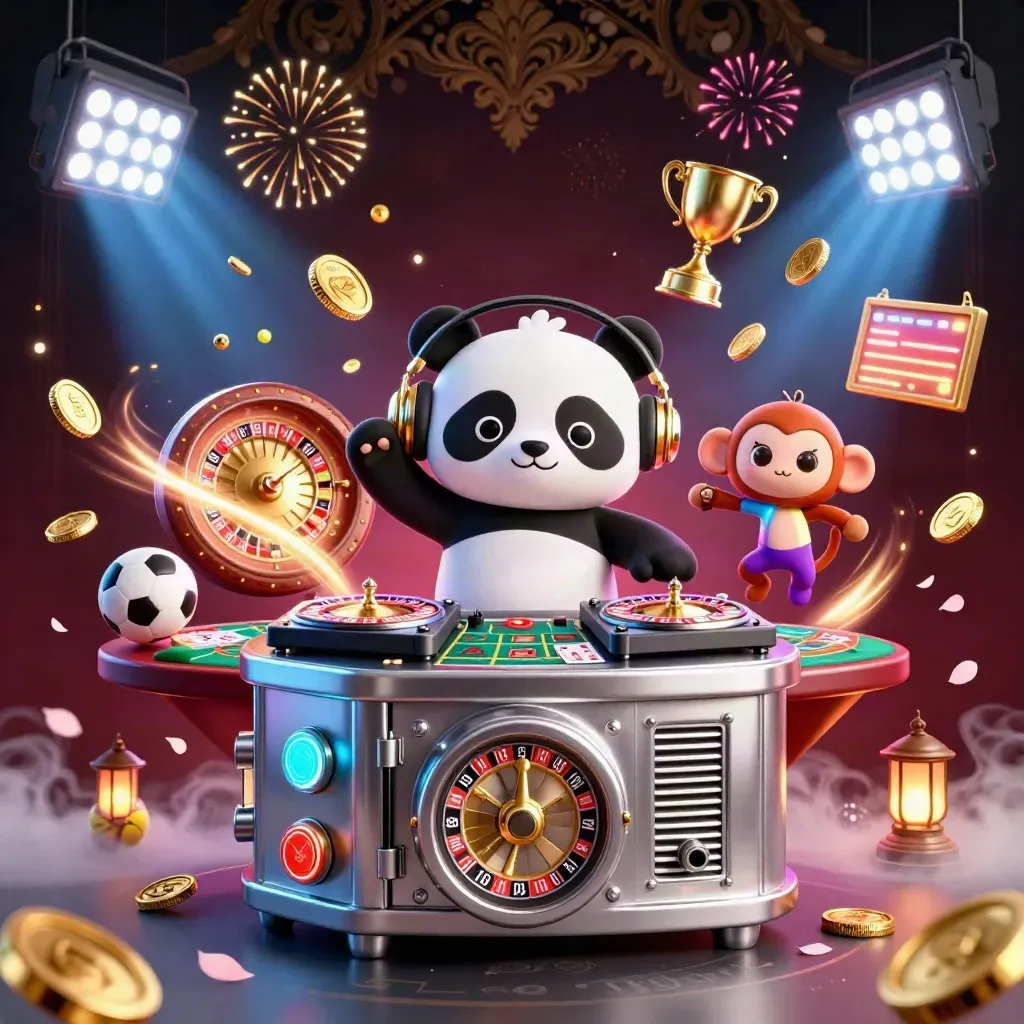 DJ panda, monkey, and kitten amid casino coins, sports balls, cards, trophies, and fireworks.