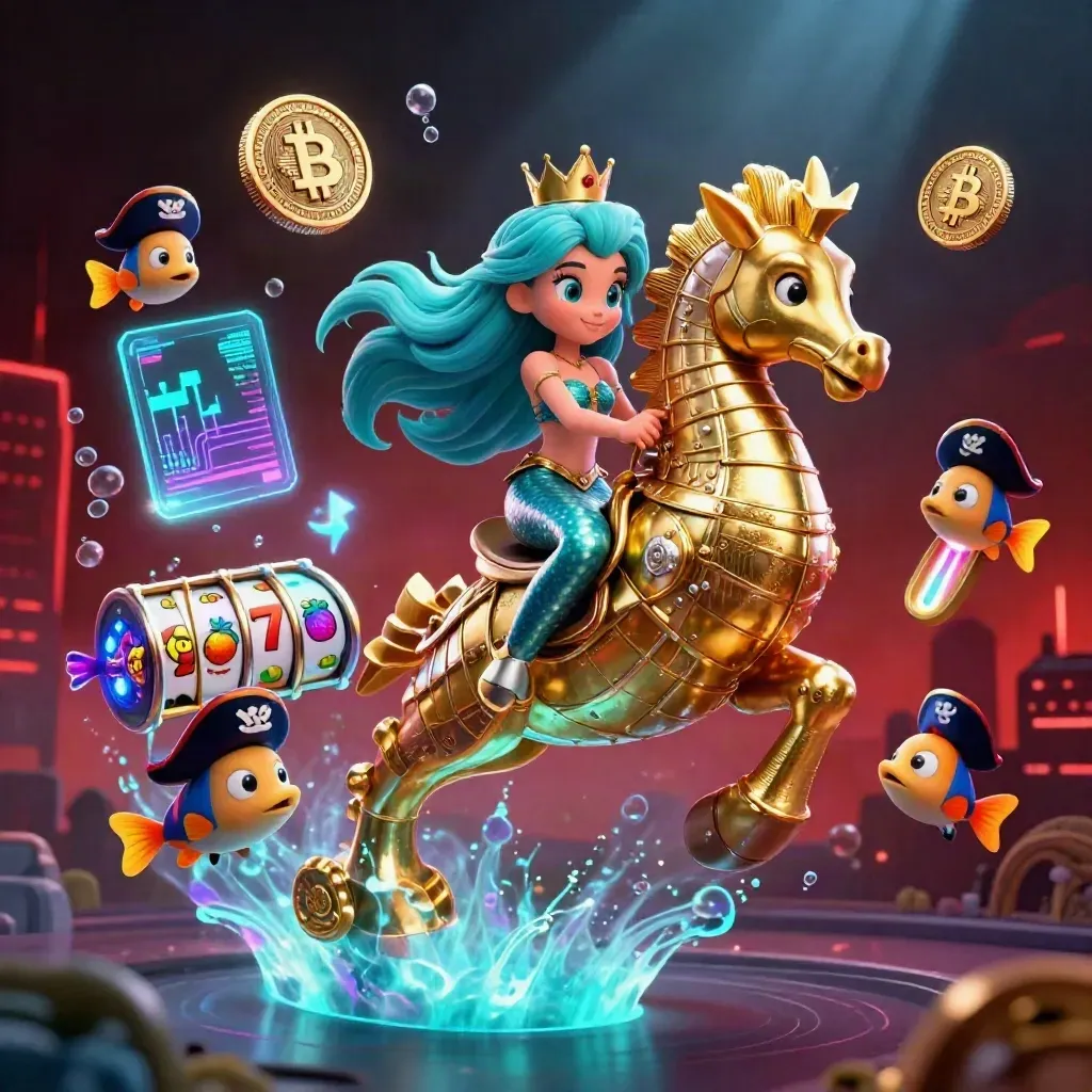 Mermaid princess rides armored seahorse amid casino coins, fish, lightning, and glowing reels.