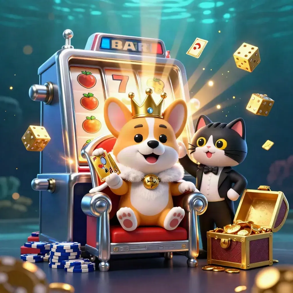 Royal corgi and cat butler amid exploding slot machine, dice, chips, and gold in a dark neon casino scene.