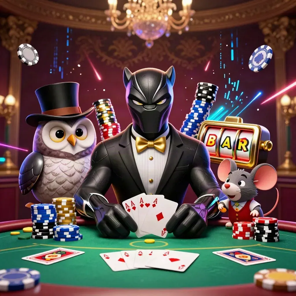 Panther, owl, and mouse deal cards amid chips, aces, reels, and neon casino magic