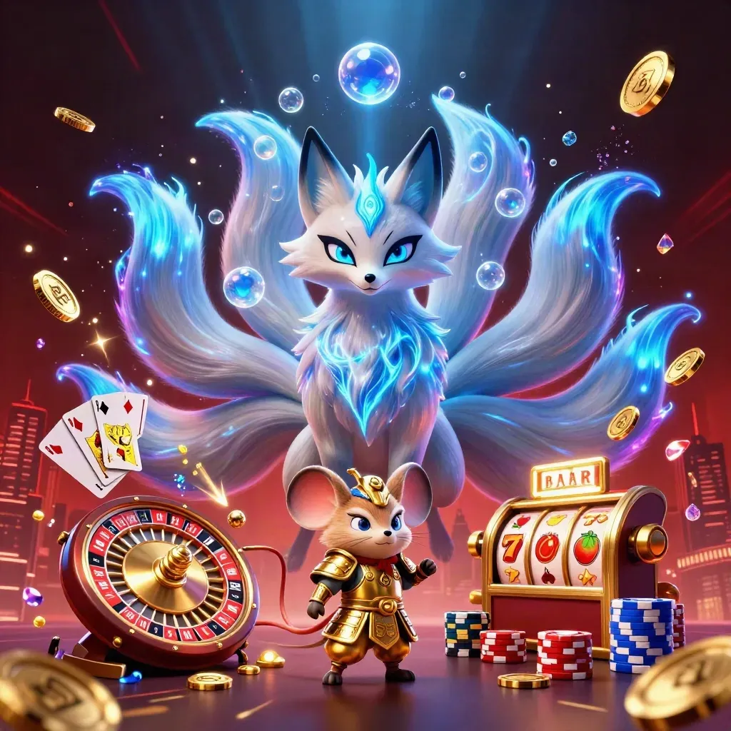 Nine-tailed fox spirit with a gold-armored mouse amid casino coins, chips, roulette wheel and glowing orbs