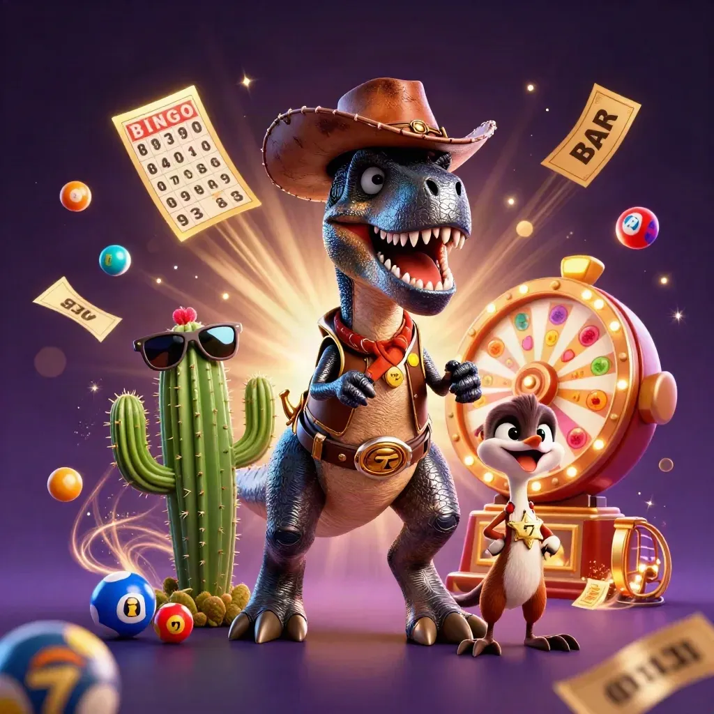 Cowboy T-Rex, cactus sidekick, and roadrunner exploding with casino reels and jackpots.