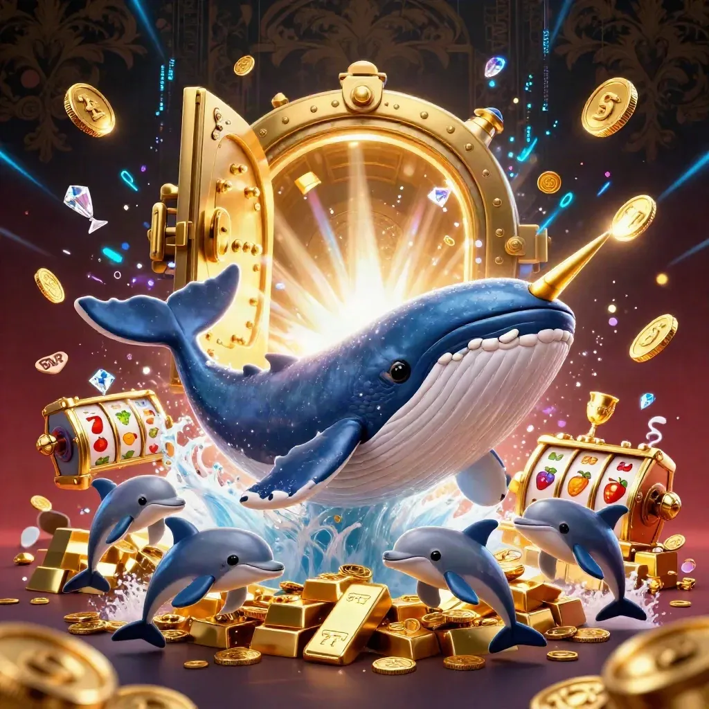 Giant captain whale, narwhal, and dolphins burst through gold coins around a glowing vault door.