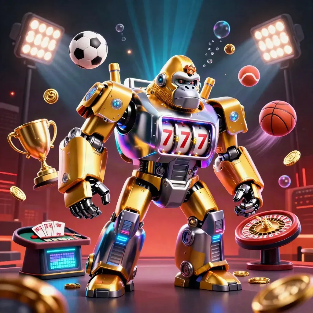 Golden gorilla slot mech with monkey pilot, flying balls, coins, trophy, roulette wheel, neon glow