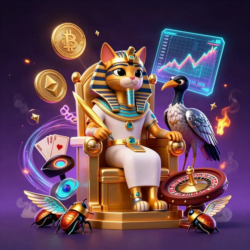 Pharaoh cat throne scene with scribe, scarabs, casino coins, roulette wheel, and neon magic.