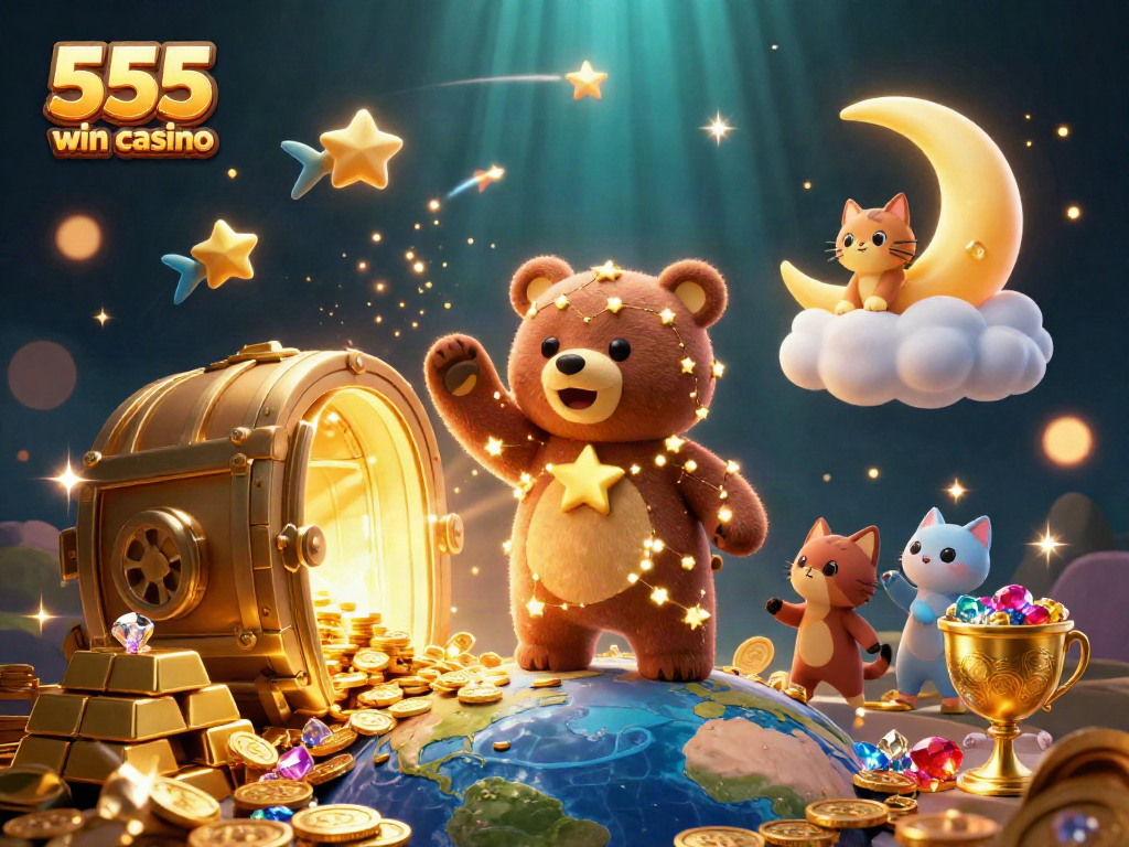 Experience the excitement of 555 win casino with golden treasures and vibrant characters in an engaging 3D illustration.