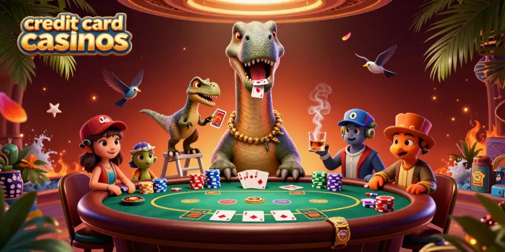 Experience thrilling action at credit card casinos with a quirky dinosaur dealer and poker elements in play.