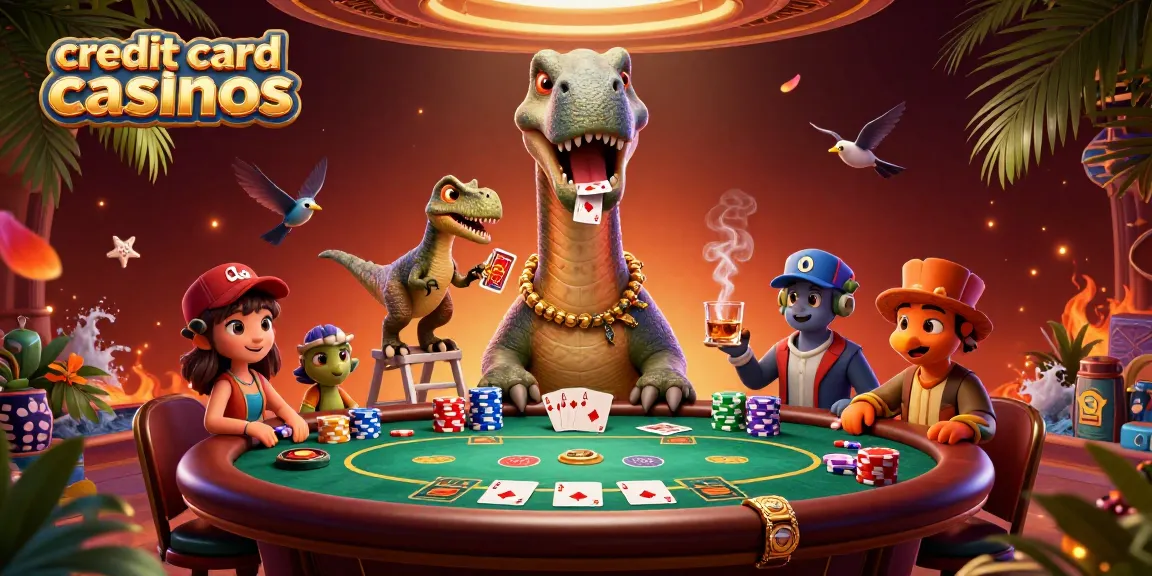 Experience thrilling action at credit card casinos with a quirky dinosaur dealer and poker elements in play.